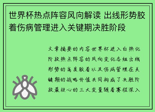 世界杯热点阵容风向解读 出线形势胶着伤病管理进入关键期决胜阶段 世界杯热点阵容风向解读 出线形势胶着伤病管理进入关键期决胜阶段