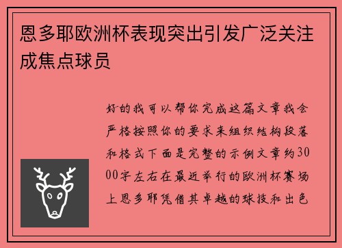 恩多耶欧洲杯表现突出引发广泛关注成焦点球员